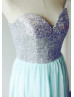 Silver Sequin Tiffany Blue Chiffon Elegant Prom Dress